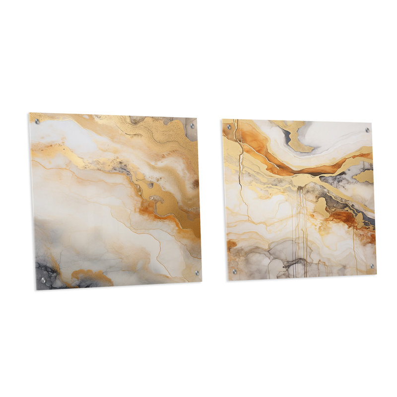 Peinture abstraite beige et or Geyser III - formes abstraites en acrylique, ensemble de 2 verres, H 16 po x l 33 po