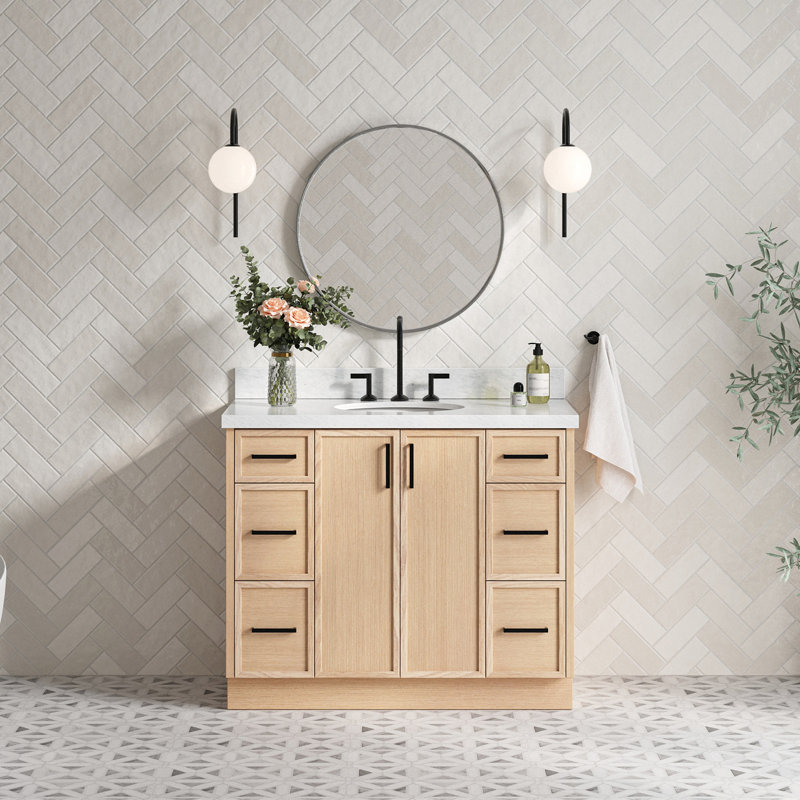 Ariel Kellie 43 Inch Single Oval Sink Bathroom Vanity With Italian Carrara Marble Countertop, Oak