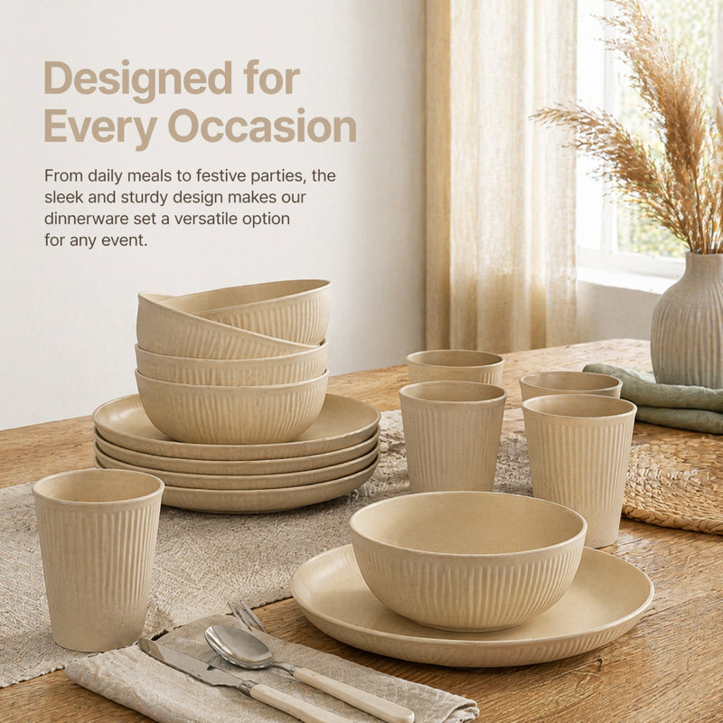 Dinnerware Set Dinner Plates Cups and Bowls Set for 6 (18pcs), Beige