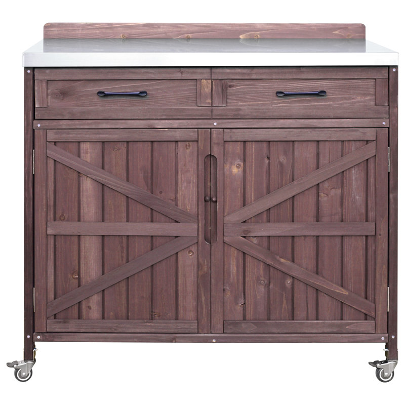 Chariot de barbecue extérieur avec plateau en acier inoxydable, Brun