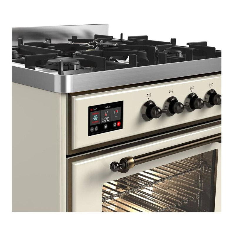 ILVE Majestic II Series 30 inch Dual Fuel Range with 5 Sealed Burners (Glass Door), Liquid Propane, Burgundy/Copper
