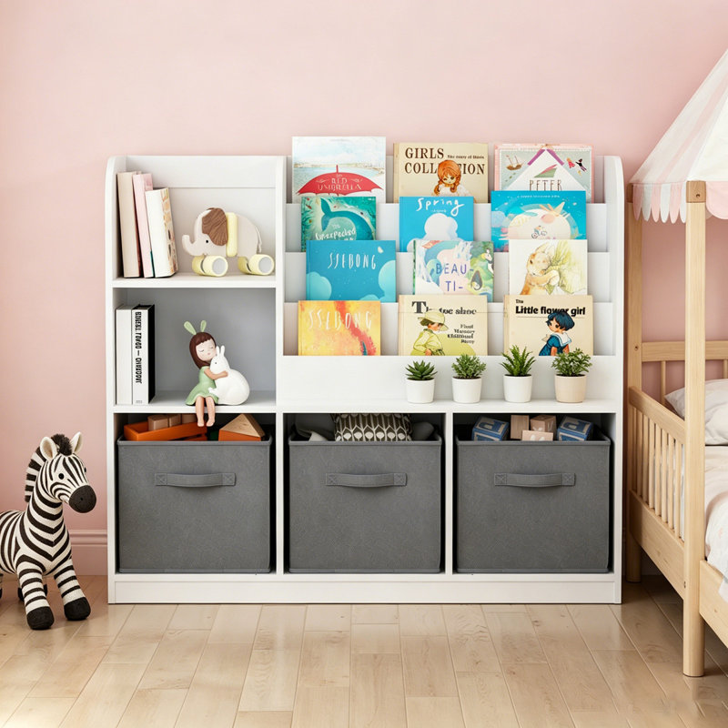 Kids Bookcase And Bookshelf With 3 Collapsible Fabric Drawers Display Stand