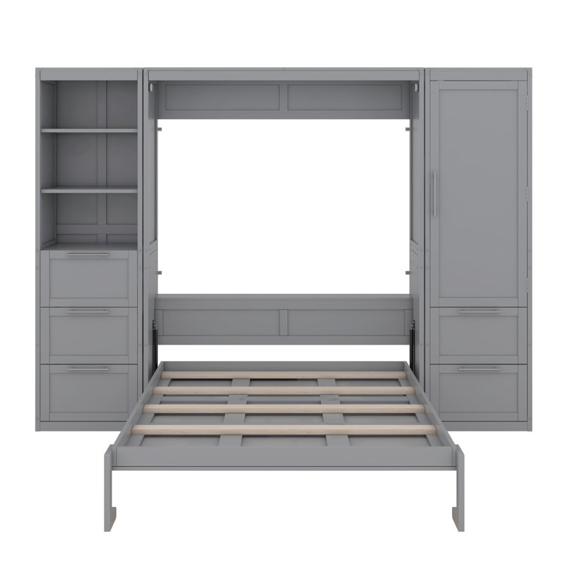 Queen Size Murphy Bed With Drawers And Shelves, Gray