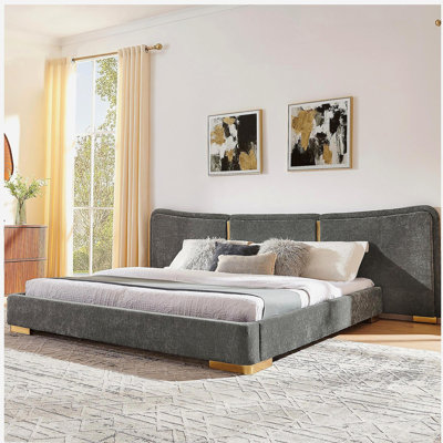 King Size Extra Large Platform Bed, Soft Chenille Fabric Frame, Curved Headboard, Reinforced Electroplated Metal Legs, Flexible DIY Side Space Design-Dark Gray