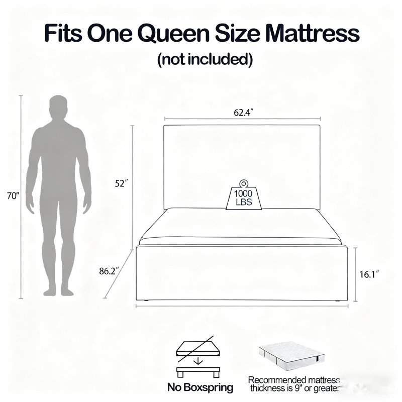 Lucas 52" High Tall Headboard Upholstered Bed, Ivory, Queen