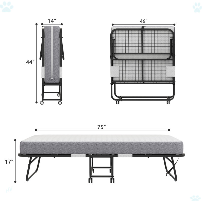 Lit pliant avec matelas Rollaway, 17.07" H x 46.07" W x 74.89" L