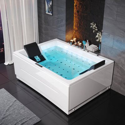 Baignoire de coin 71 po en acrylique avec 38 jets d'air et tourbillon | Baignoire spa chauffée pour deux | Éclairage de chromathérapie et conception ergonomique