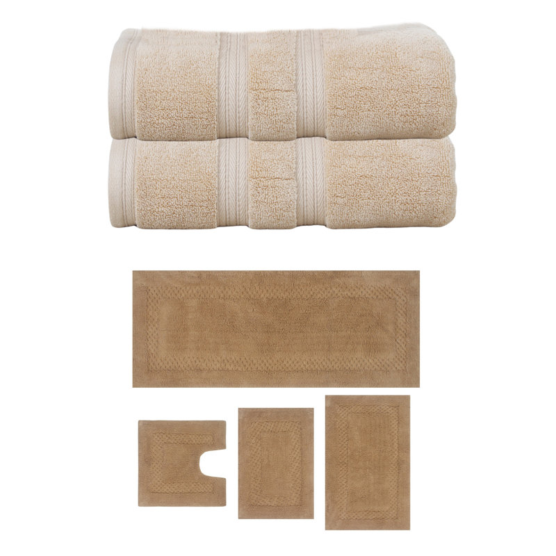 Bublitz Classy Bath Mat 100% Soft Cotton Towel Set & Bath Rug Combo, Linen, 6 Piece Towel Set