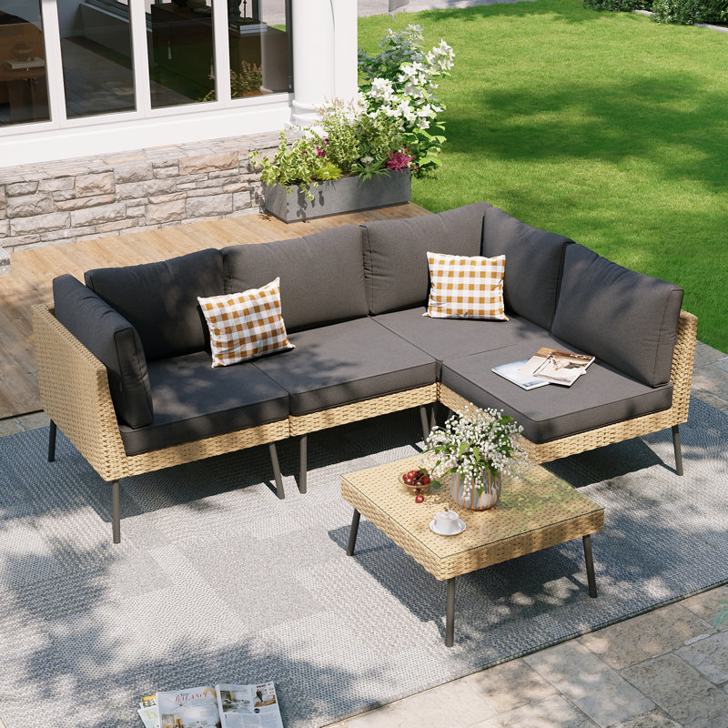  Ensemble de conversation modulaire en osier 5 pièces toutes saisons avec coussins et table basse, Yellow Frame/Grey Cushion