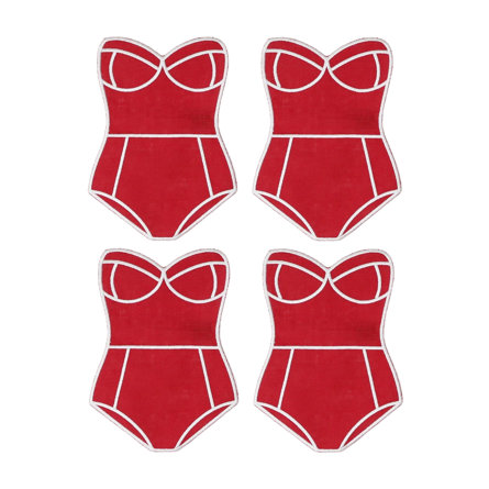 Four red retro swimsuit shaped coasters with white trim.