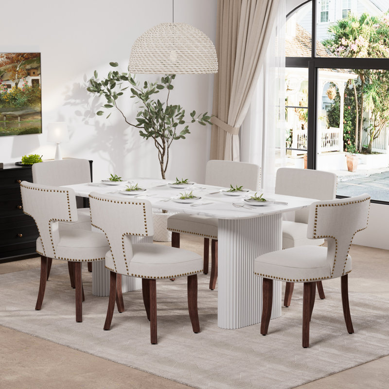 Ensemble de salle à manger rectangulaire en bois avec chaise rembourrée, Beige, 7