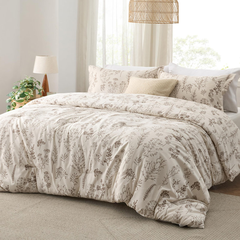 Bedsure Twin Comforter Set – 2-Piece Beige Botanical Floral Bedding, Reversible Soft Comforter with 1 Pillow Sham, Perfect for Spring Refresh & Cozy Bedroom Decor