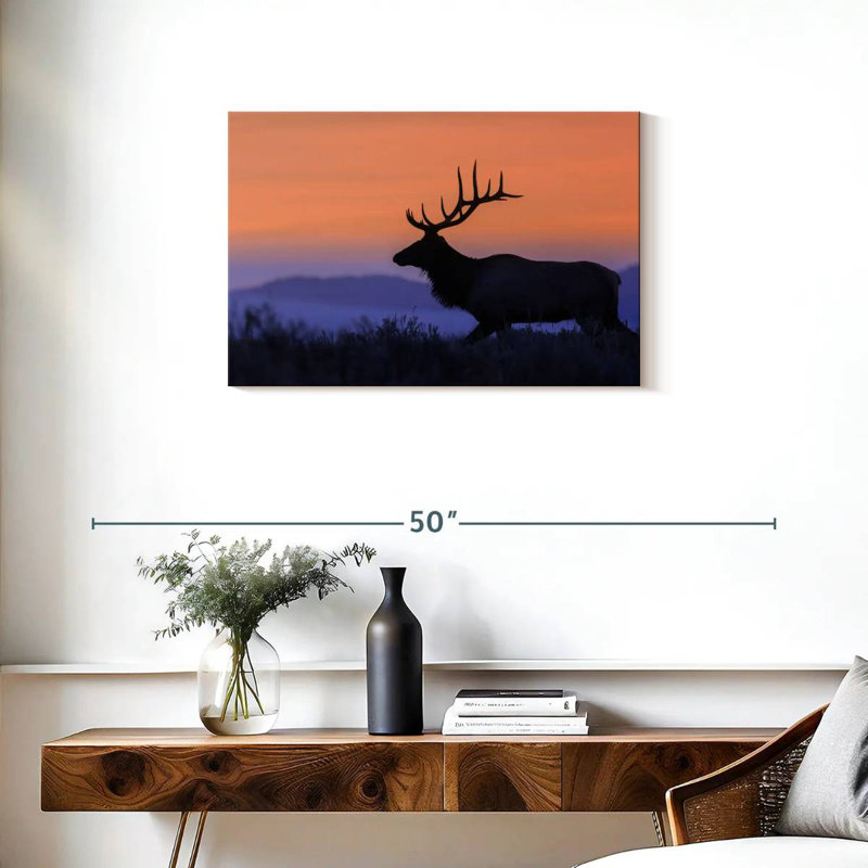 Wapiti brulé contre le coucher du soleil, H 20 po x l 30 po