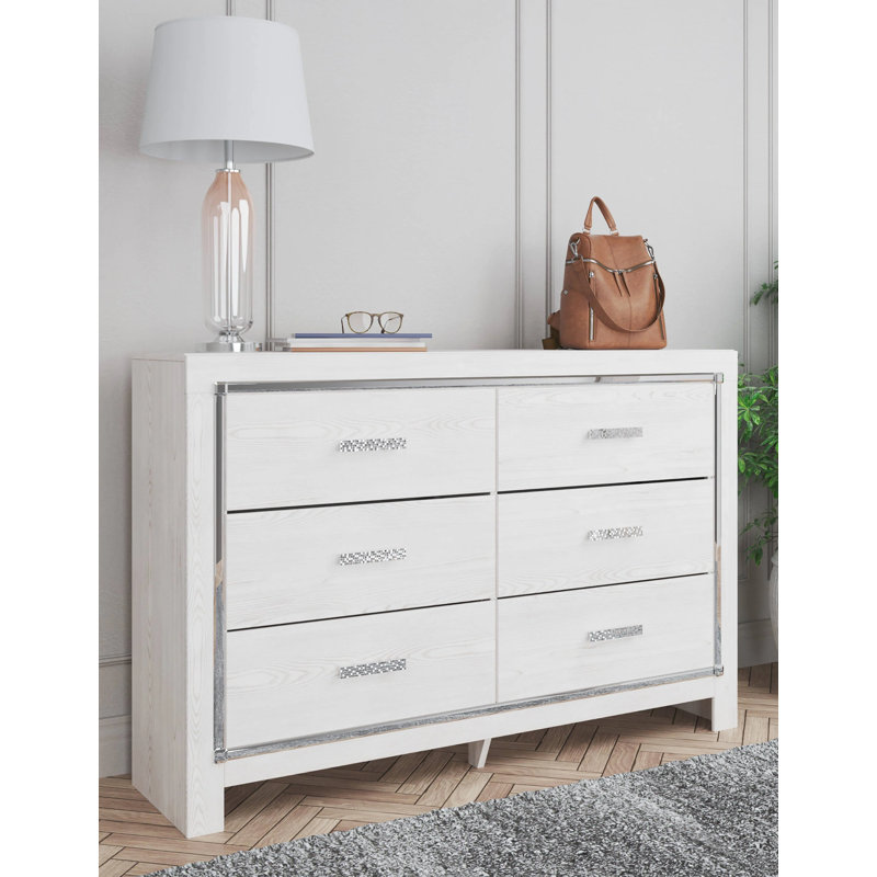 Ensemble 2 pièces commode et miroir Aly, 6 tiroirs avec poignées chromées, blanc Aly