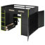 Lit mezzanine double avec station de jeu, station de charge, éclairage et tablettes au-dessus de l'espace de jeu, port, rangement pour garde-robe ouverte-130164870