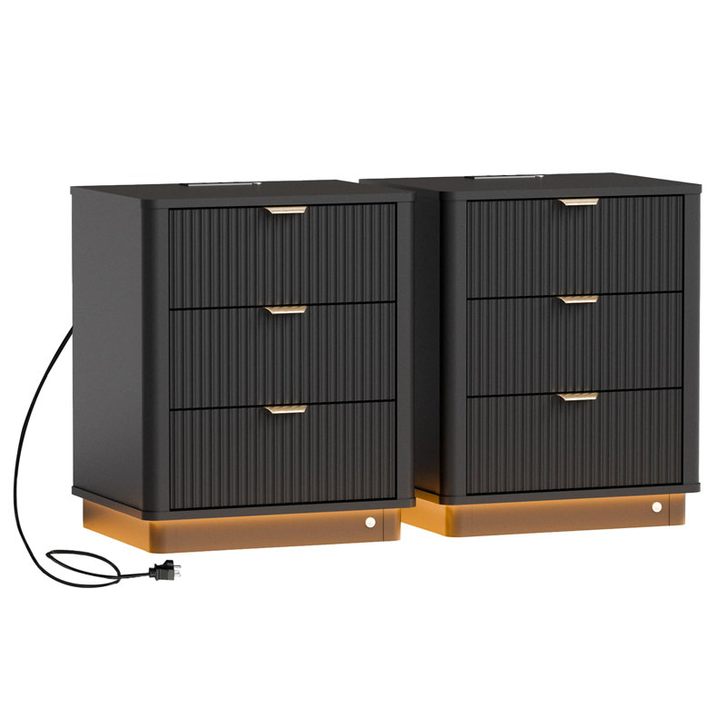 Curved Night Stand With Charging Station Lighting, Wood End Table With 3 Drawers, Black, Set of 2