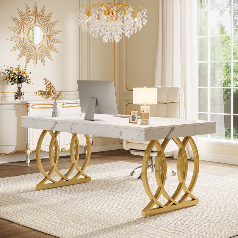 Metal Base Executive Desk, White/Gold