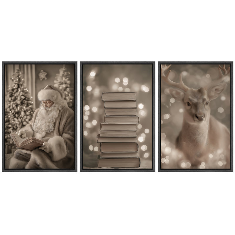 «Neutral Toned Christmas Trio with Santa, Books and Deer Art», reproduction d'art sur toile encadrée 3 pièces