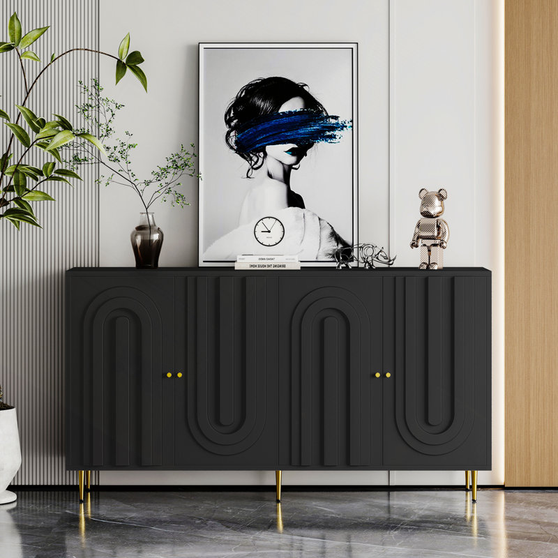 Trin Modern Lacquer Accent Cabinet with 4 Glass Doors – Adjustable Shelves Buffet Sideboard for Living Room, Dining Room, Entryway