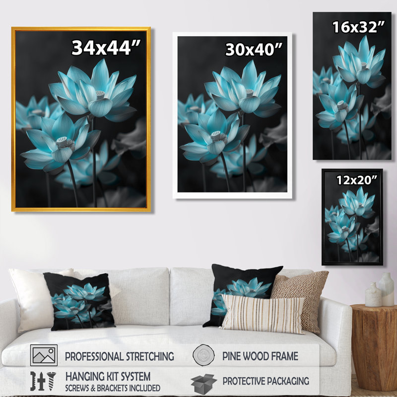 Art mural bleu Lotus rayonnant II - Lotus, Cadre flottant noir, H 34 po x l 44 po