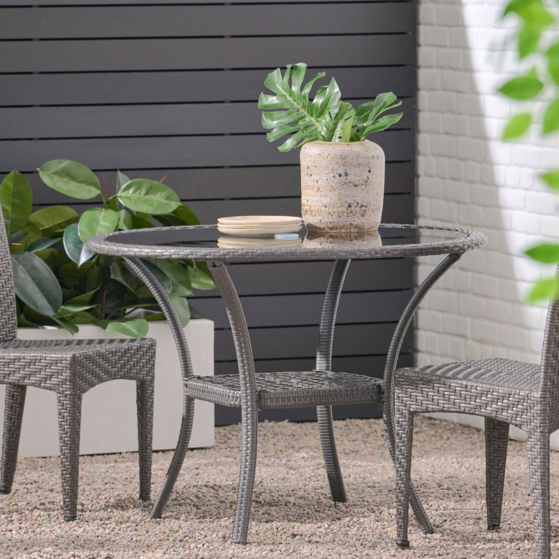 Round Wicker Rattan Side Table With Built-In Glass, Stylish Patio Tables Wicker Coffee Table For Outdoor Outside Patio Porch, Grey