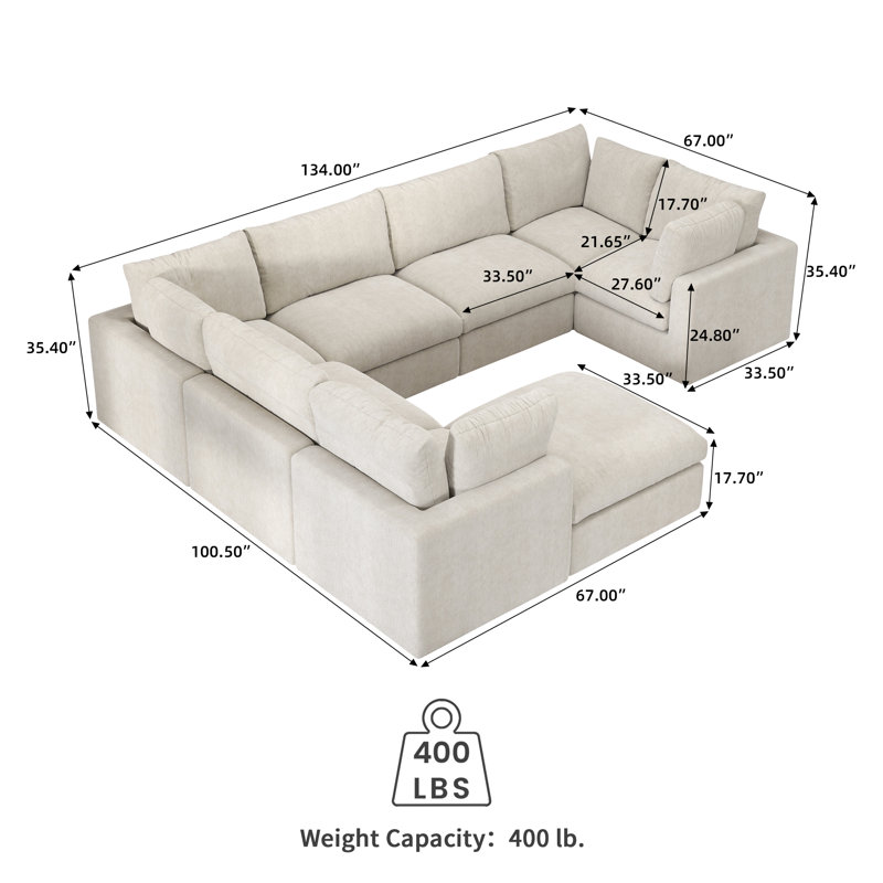 Kessi 8-Piece Upholstered Modern Chenille Fabric Modular Sectional Sofa With Ottoman, Beige Chenille