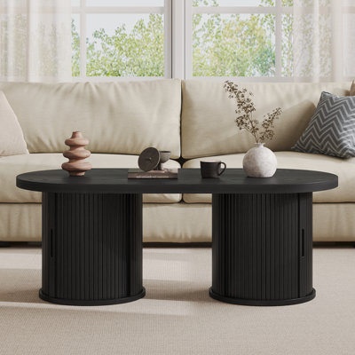 47'' W Oval Coffee Table With Storage, Mid-Century Modern Fluted Center Table With Round Base