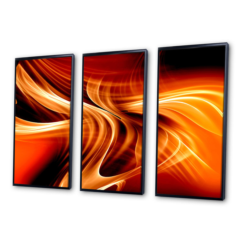 «Orange Abstract Warm Fractal Design», ensemble de 3 toiles abstraites encadrées, H 32 po x l 48 po x P 1 po, Cadre noir