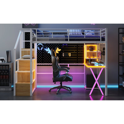 Lit simple en métal blanc avec bureau, garde-robe, escalier et tiroir à DEL - Ensemble d'optimisation intégré compact