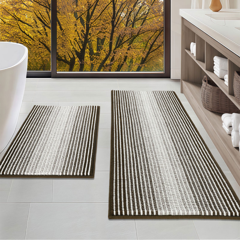 Slip‑Resistant Fluffy Water‑Absorbing Washable Bath Mats, Latte, 20" x 47" Plus 20" x 32"