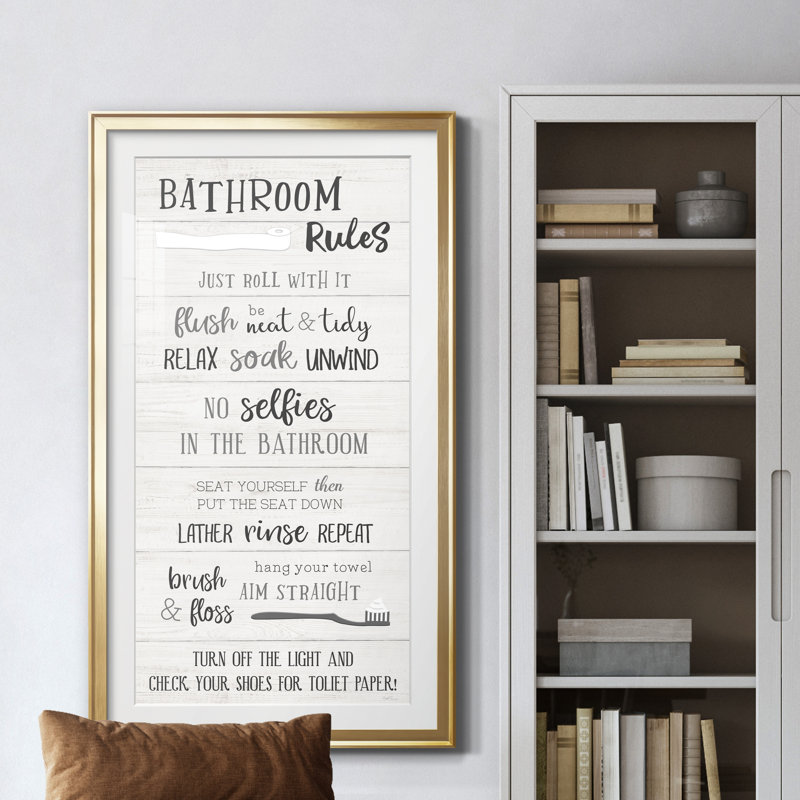 "Bathroom Rules" - Art textuel avec cadre photo, Doré, H 10,5 po x l 18,5 po x P 1,5 po