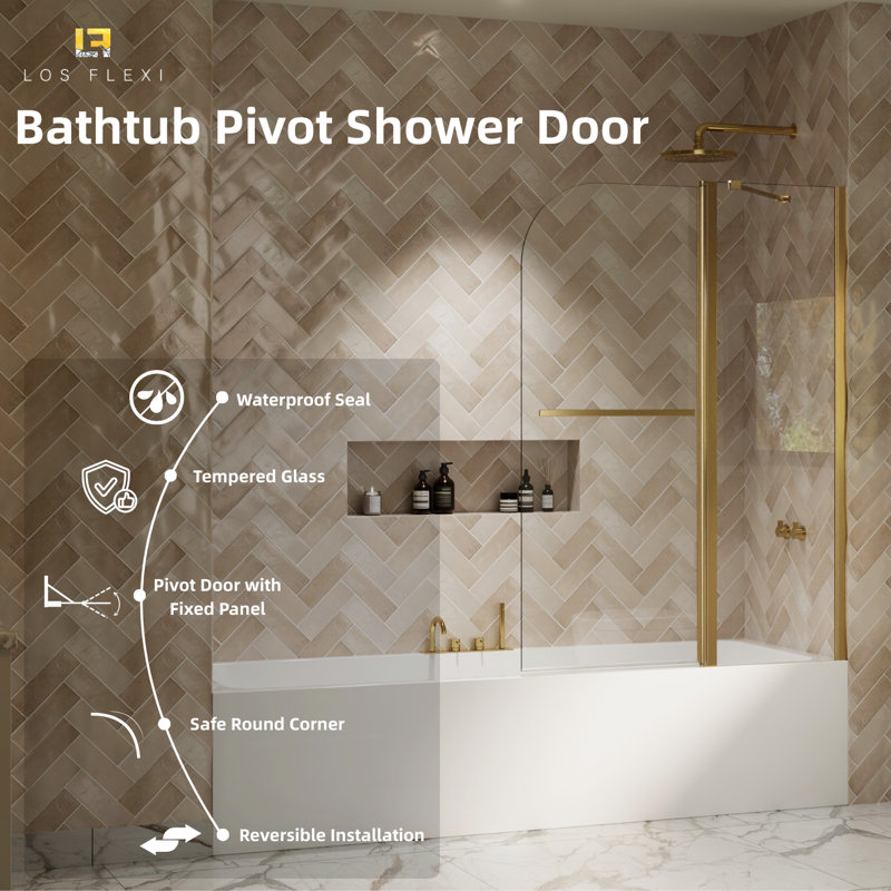 43" W x 58" H Frameless Pivot Bathtub Door, 180°Pivot Hinge, 1/4" Tempered Glass, 43"Wx58"H, Brushed Gold