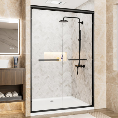 Matte Black Aluminum Frame 48" X 72" Double Sliding Shower Door, 1/4" (6Mm) Clear Tempered Glass, Rust Handles, Adjustable Width In Bathroom Frame、48" Wide High、Double Door、Clear