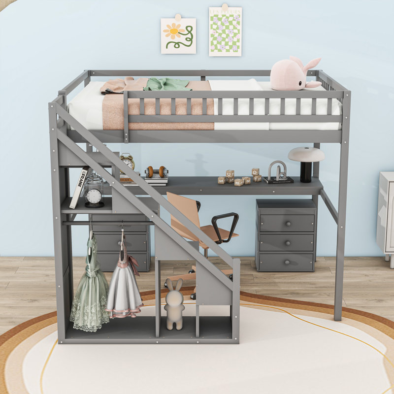 Lit mezzanine en bois avec bureau, lumière DEL, tiroirs de rangement et escalier, Double, gris
