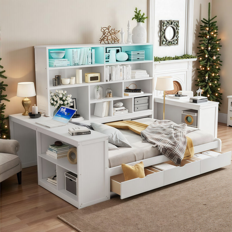 Full Size Wooden Daybed with Integrated Desk, Shelves, Drawers, and Lighting – Space-Saving Multi-Functional Furniture for Bedrooms or Small Rooms
