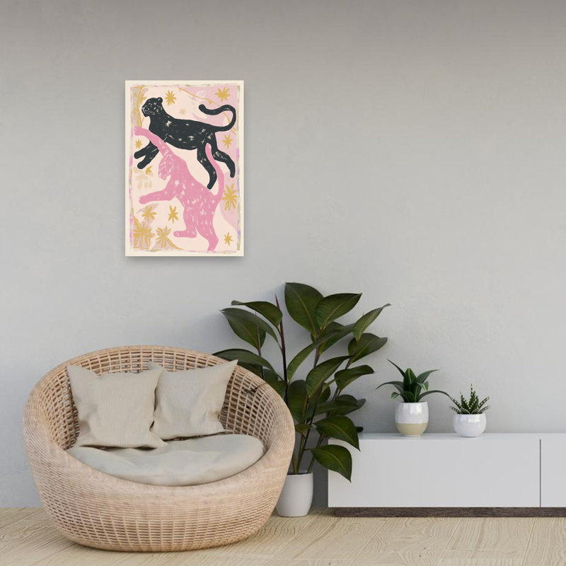 Pink Black Panthers Leap Abstract Energetic Modern Cat Nature Tropical Wall Art Print 1 Piece Wrapped Canvas Wall Art