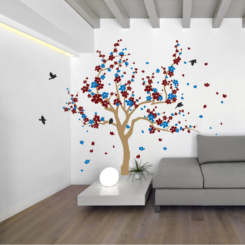 Adhésif décoratif cerisier japonais, H 60 po x l 90 po x P 0,01 po, Bourgogne / Bleu