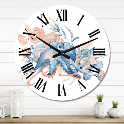 Blue Octopus with Pink Flowers - Nautical & Coastal Wall Clock -  East Urban Home, 5070FFC59BB344929F7621A3A443A70B