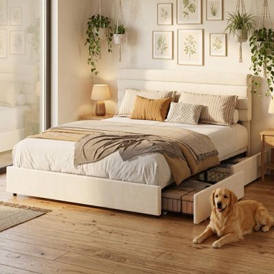 Full Size Bed Frame, Velvet Upholstered Platform Storage Bed with 4 Drawers, Wooden Slats Support, No Box Spring Needed, Easy Assembly, Beige