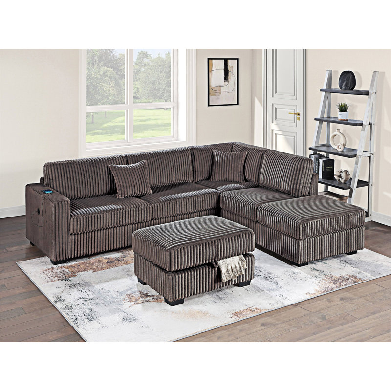 Canapé modulaire rembourré avec USB et repose-pieds avec rangement, Chocolat
