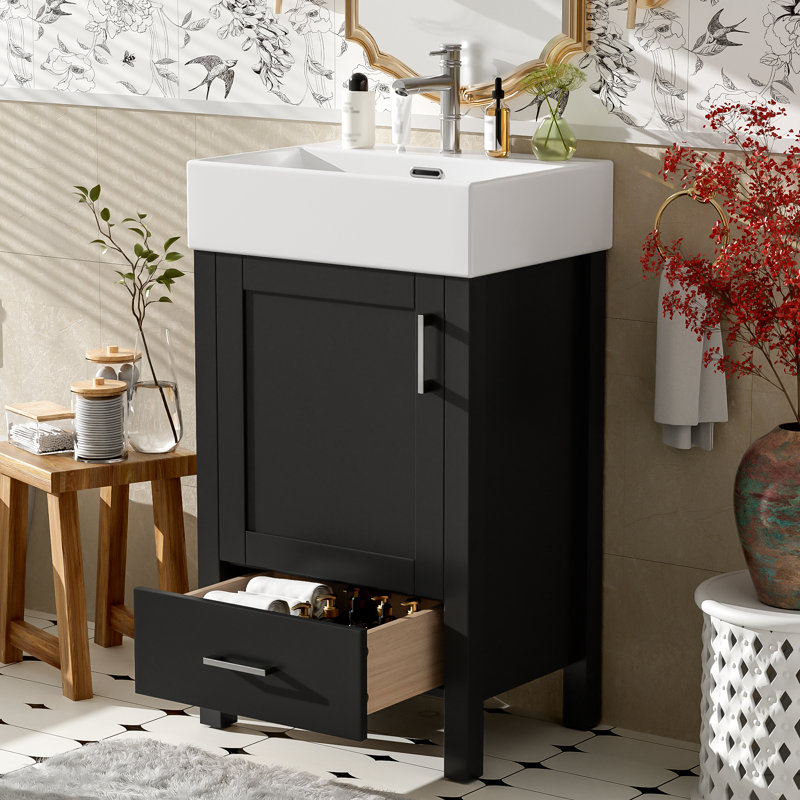 Meuble-lavabo moderne de 20,28 po avec lavabo en céramique, structure en bois massif et tiroir - idéal pour les petites salles de bain.