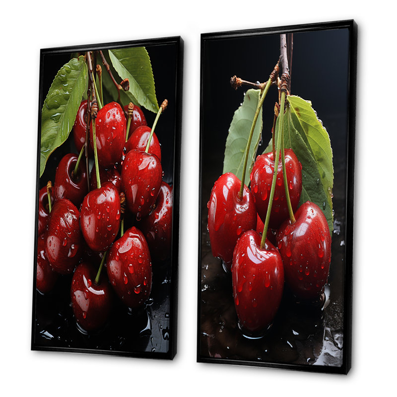 Ensemble de 2 fruits décoratifs à motif de fruits cerises délicieuses I, H 28 po x l 25 po, Cadre noir