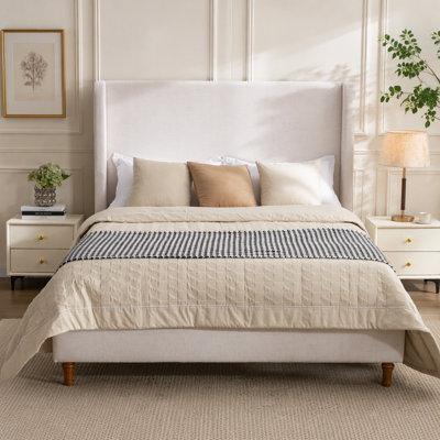Harper Tall Headboard Upholstered Bed / 54" High Headboard / Elegant Simplicity  / No Box Spring Needed / Easy Assembly / Queen / Textured Ivory Canvas