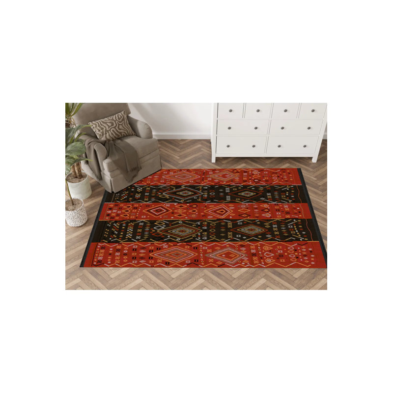 Tapis décoratif rouge à motif traditionnel rouge, Rectangle 5 pi 1,02 po x 7 pi 6,55 po