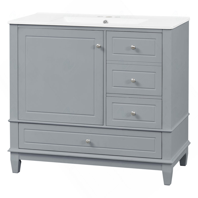 Meuble-lavabo sur pied 36 po avec lavabo en céramique, panneau de fibres à densité moyenne et base en bois massif, 3 tiroirs et armoire avec tablettes, finition peinte grise, meuble-lavabo autoportant avec trous de robinet de 4 po