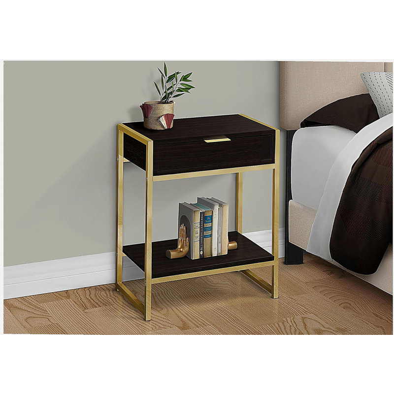Table décorative, table d'appoint, table de chevet, éclairage, tiroirs de rangement, salon, chambre à coucher, aspect bois brun, métal doré, moderne, moderne