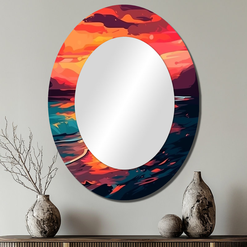 Sunset On The Beach Expressive Retro Colors I - Coastal Oval Decorative Mirror On Metal, 40" x 30"