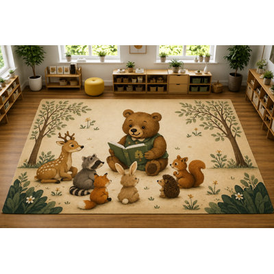 "Ultra Thin" 5' x 7' Woodland Bear Reading Area Rug, Soft Low Pile Indoor Rug with Non-Slip Silicone Backing for Nursery, Kids Room, Beige