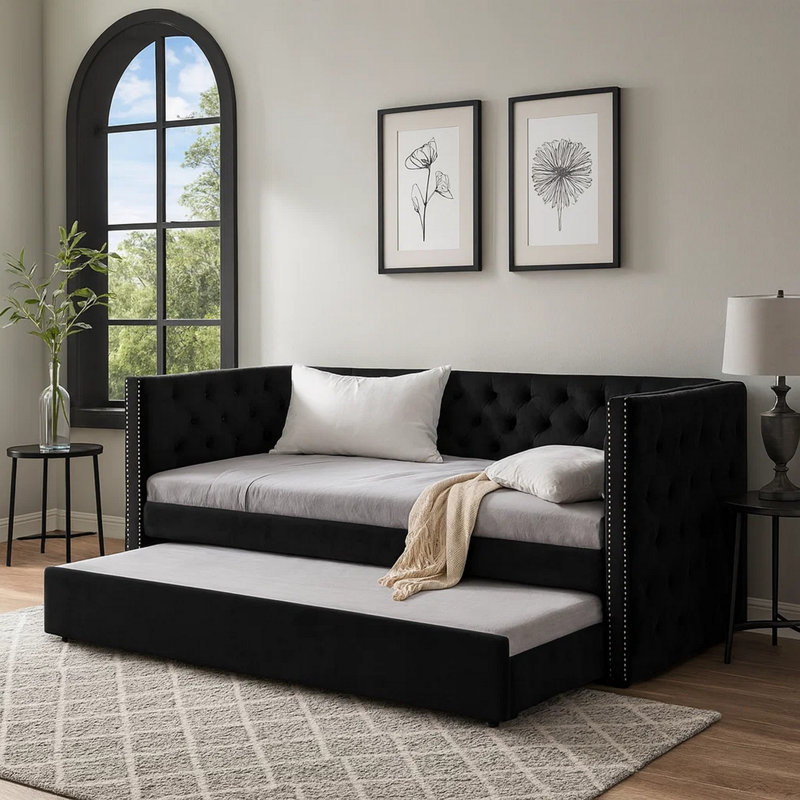 Trace Trundle Daybed, Fabric Upholstery, Chesterfield, Nailhead Trim, Black, 43.5L x 88.75W x 34H