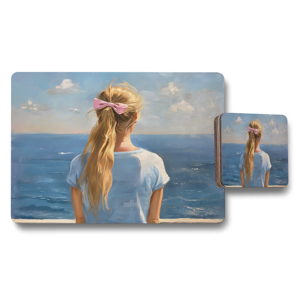 Sea View Girl With Pink Bow Placemat And Coaster Set